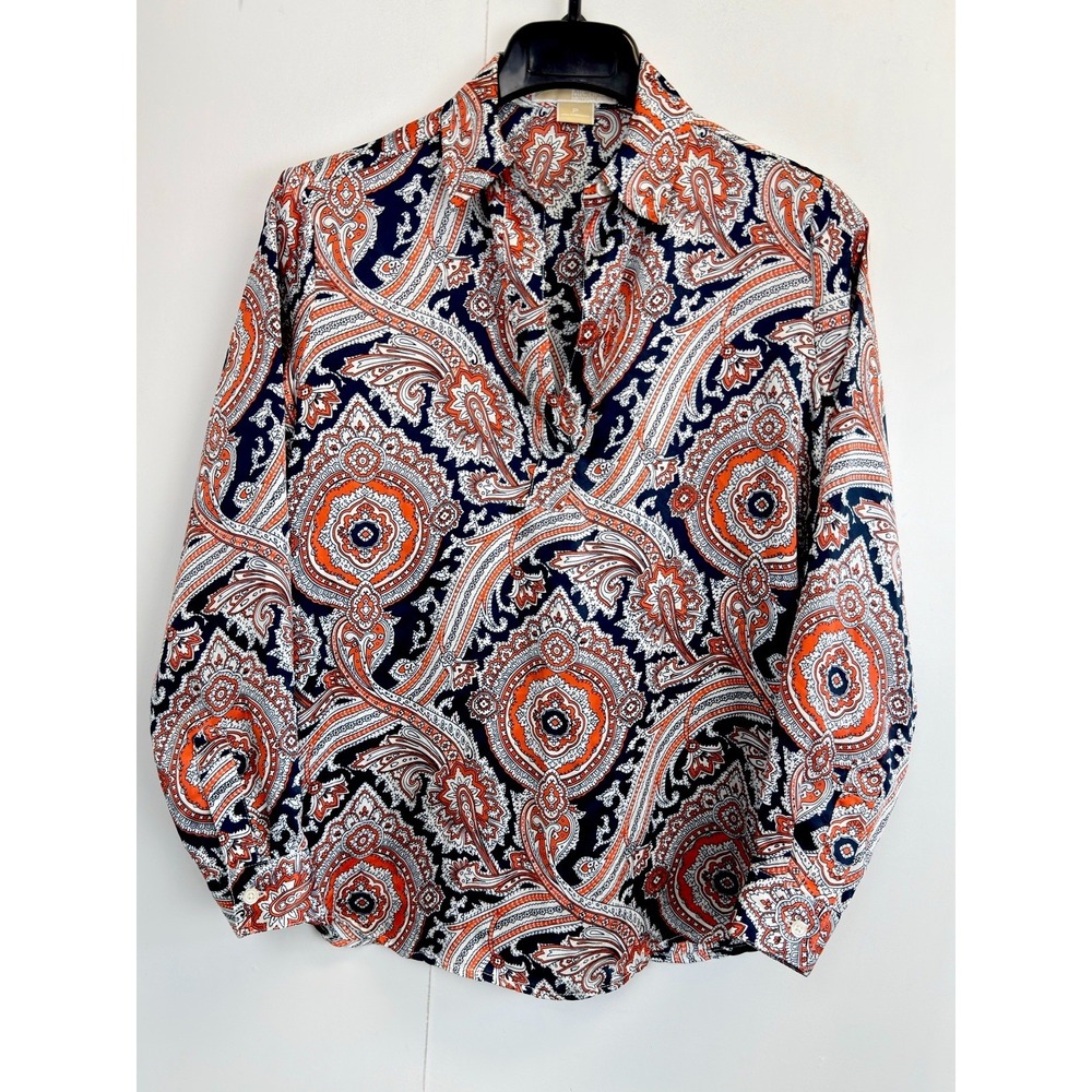 Michael Kors Paisley Collared Top Women's P/S Shirt Long Sleeve Navy, Orange